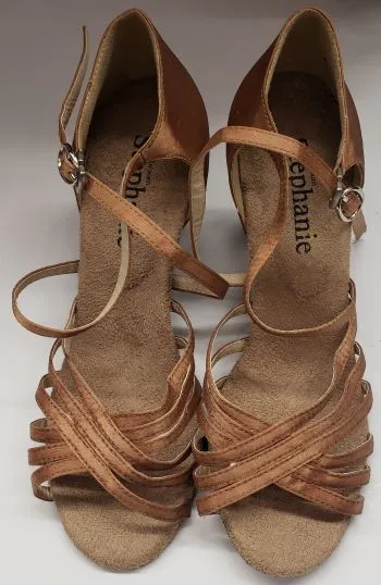 2" Cesaria -- Women's Flare Heel Latin Sandal -- Dark Tan Satin