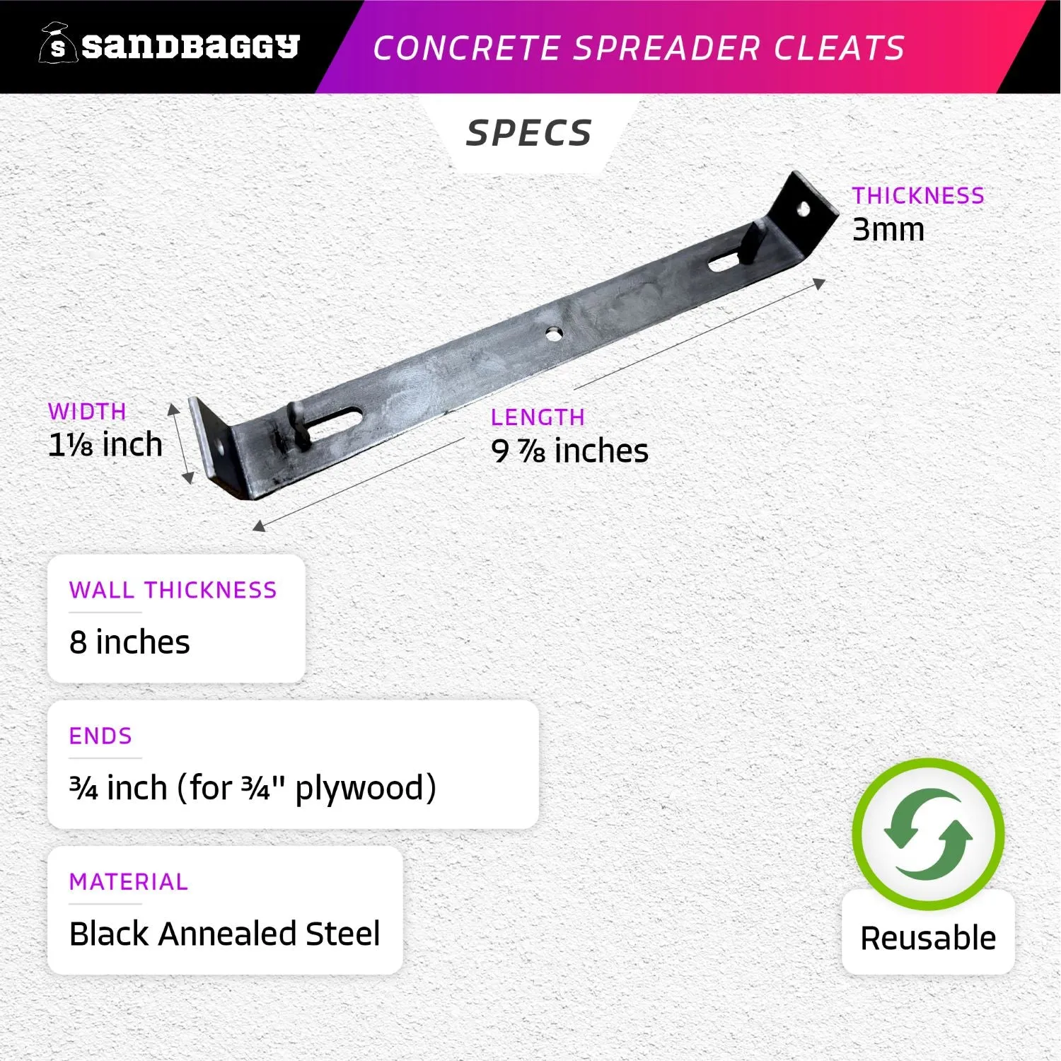 8" Concrete Spreader Cleats - Sizes for ¾"  or 1⅛" Plywood - Form Clips