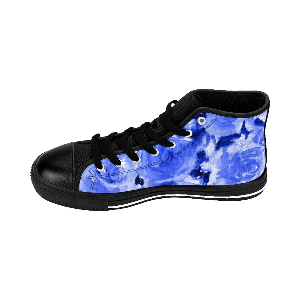 Blue Abstract Men's High-top Sneakers, Rose Floral Men's Designer Tennis Running Shoes