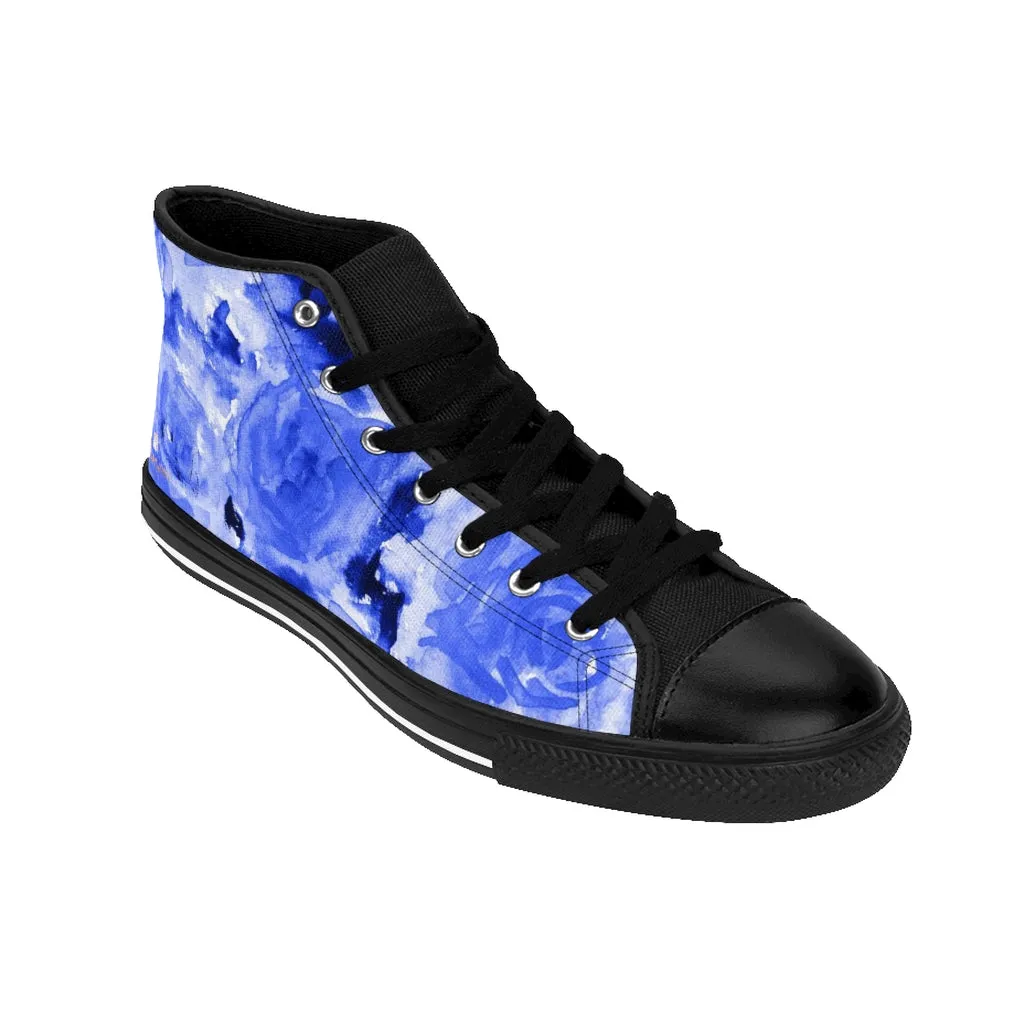 Blue Abstract Men's High-top Sneakers, Rose Floral Men's Designer Tennis Running Shoes