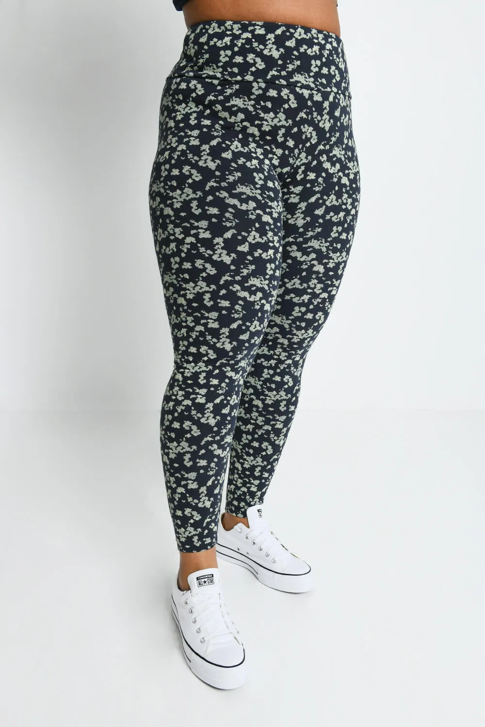 Curve Everyday High Waisted Leggings - Navy/Green Floral