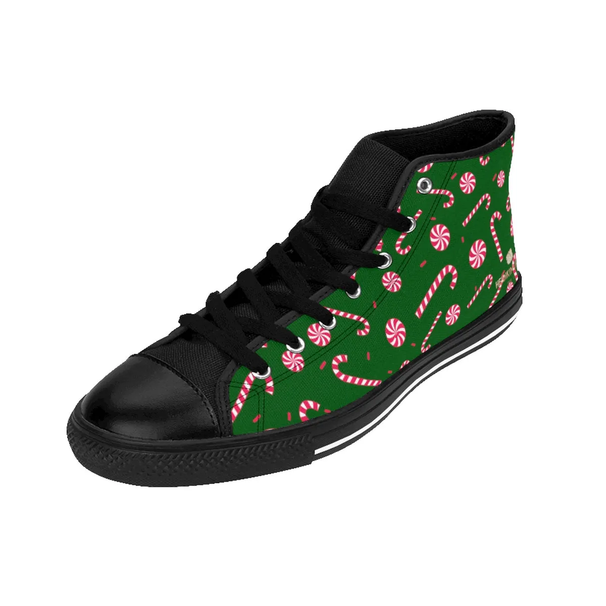 Dark Green Christmas Men's Sneakers, Red White Candy Cane High-Top Tennis Shoes For Men (US Size 6-14)