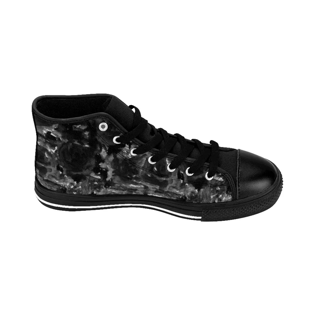 Grey Rose Men's High-top Sneakers, Abstract Print Men's Designer Tennis Running Shoes