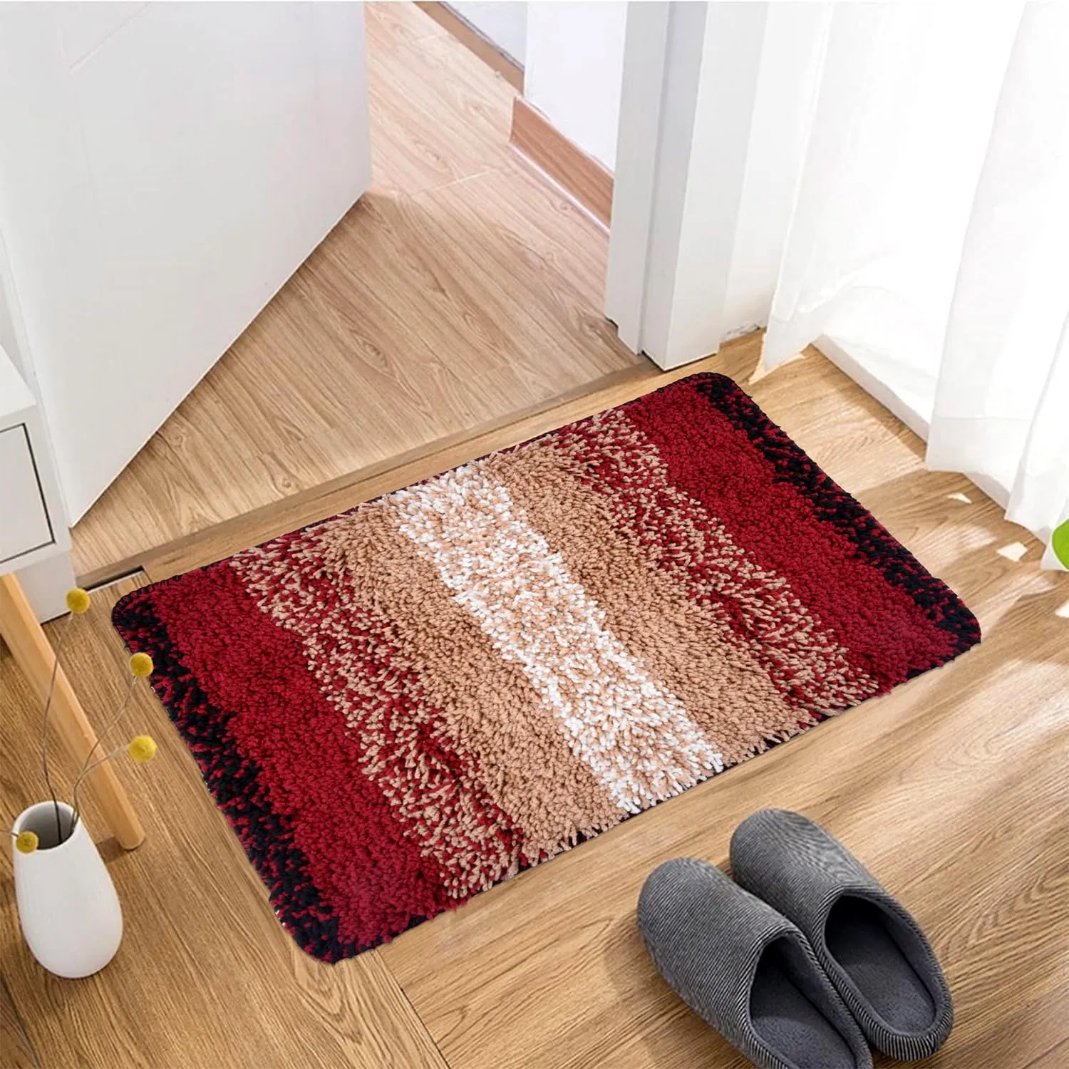 Kuber Industries Runner | Bedside Runner for Bedroom | Maroon Patta Home Decor Runner & Door Mat Combo | Anti-Skid Runner & Door Mat | Runner & Door Mat Set | Set of 2 | Cream