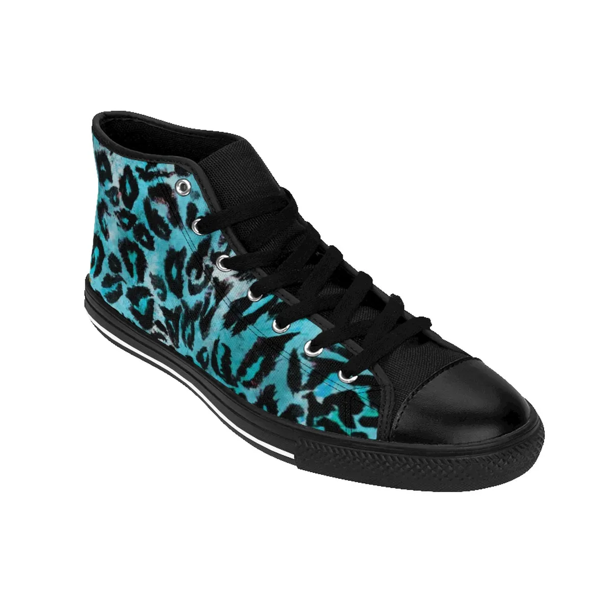 Ocean Blue Leopard Men's Sneakers, Animal Print Premium High-top Fashion Sneakers Shoes