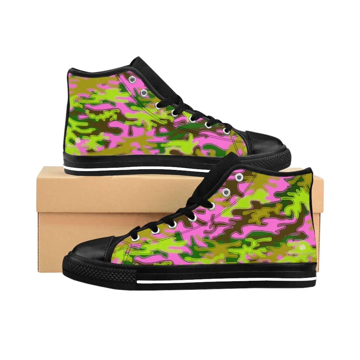 Pink Green Camo Men's Sneakers, Camouflage Army Military High-top Sneakers Tennis Shoes