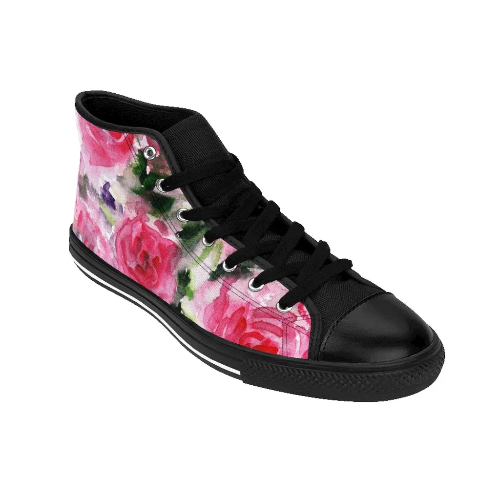 Pink Rose Men's High-top Sneakers, Floral Colorful Print Men's Designer Tennis Running Shoes