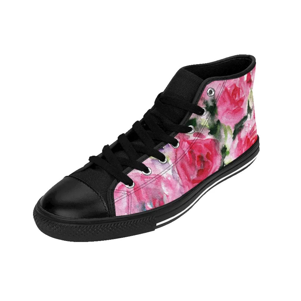 Pink Rose Men's High-top Sneakers, Floral Colorful Print Men's Designer Tennis Running Shoes