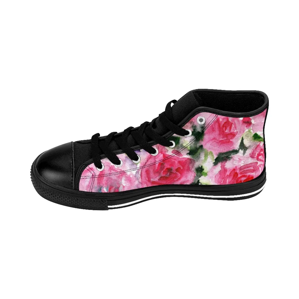 Pink Rose Men's High-top Sneakers, Floral Colorful Print Men's Designer Tennis Running Shoes