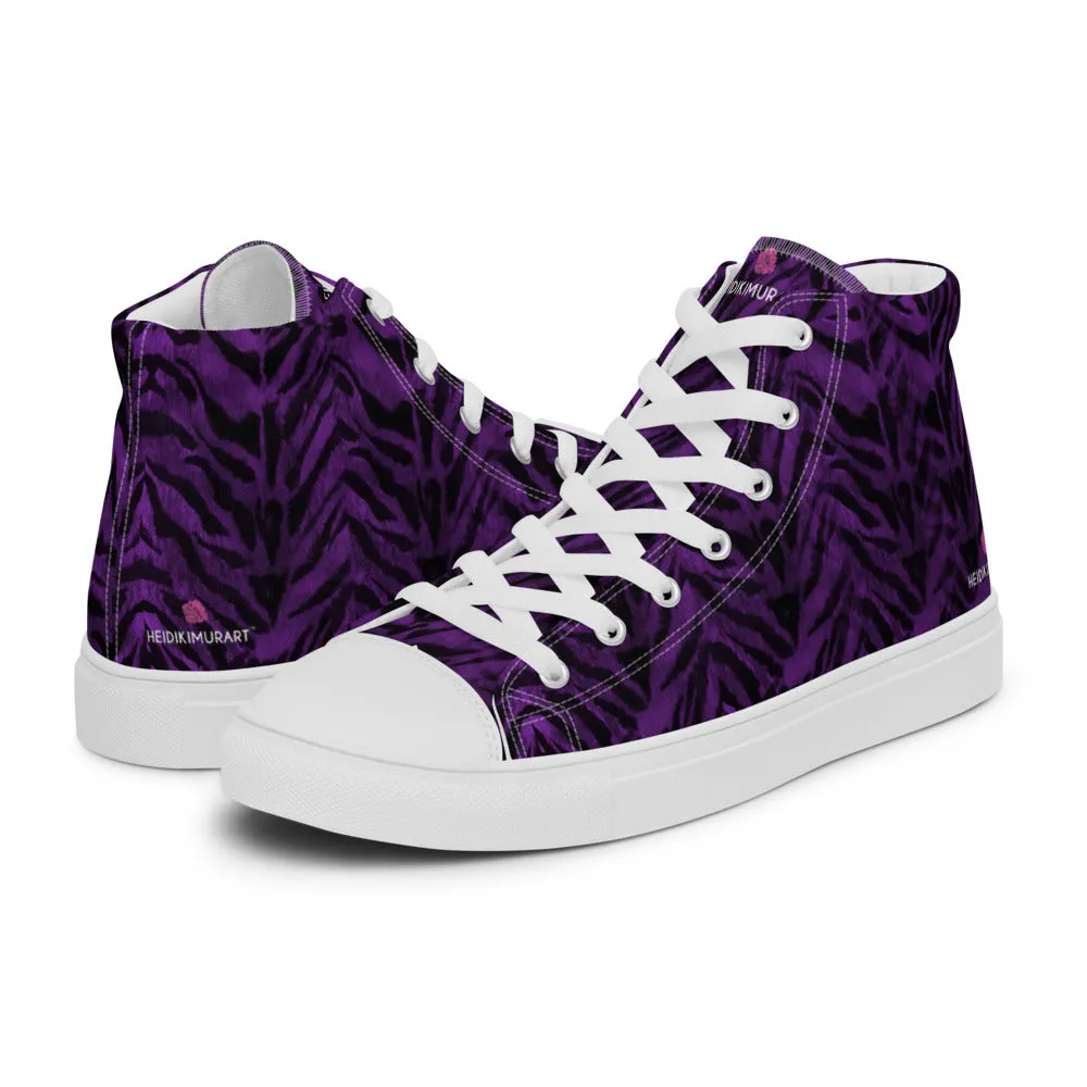 Purple Tiger Striped Men's Sneakers, Tiger Faux Skin Striped Animal Print Designer High Tops For Men