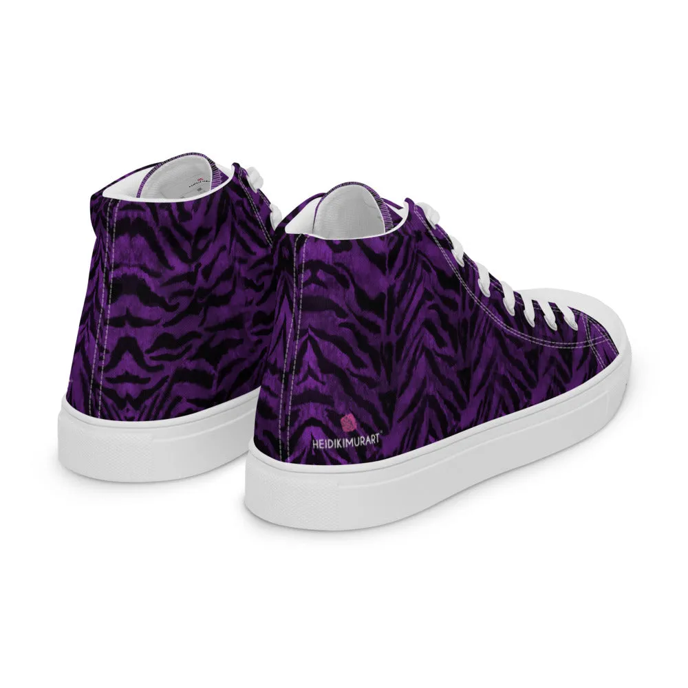 Purple Tiger Striped Men's Sneakers, Tiger Faux Skin Striped Animal Print Designer High Tops For Men