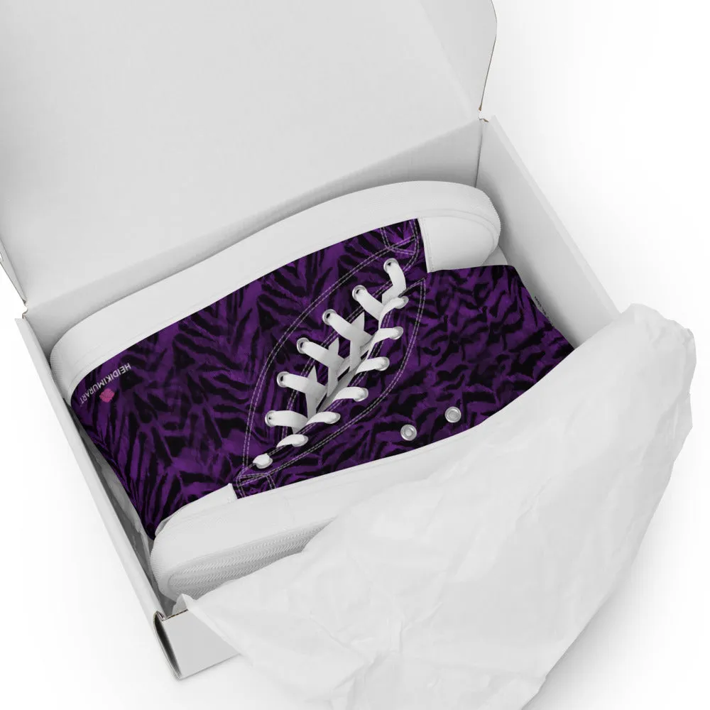 Purple Tiger Striped Men's Sneakers, Tiger Faux Skin Striped Animal Print Designer High Tops For Men