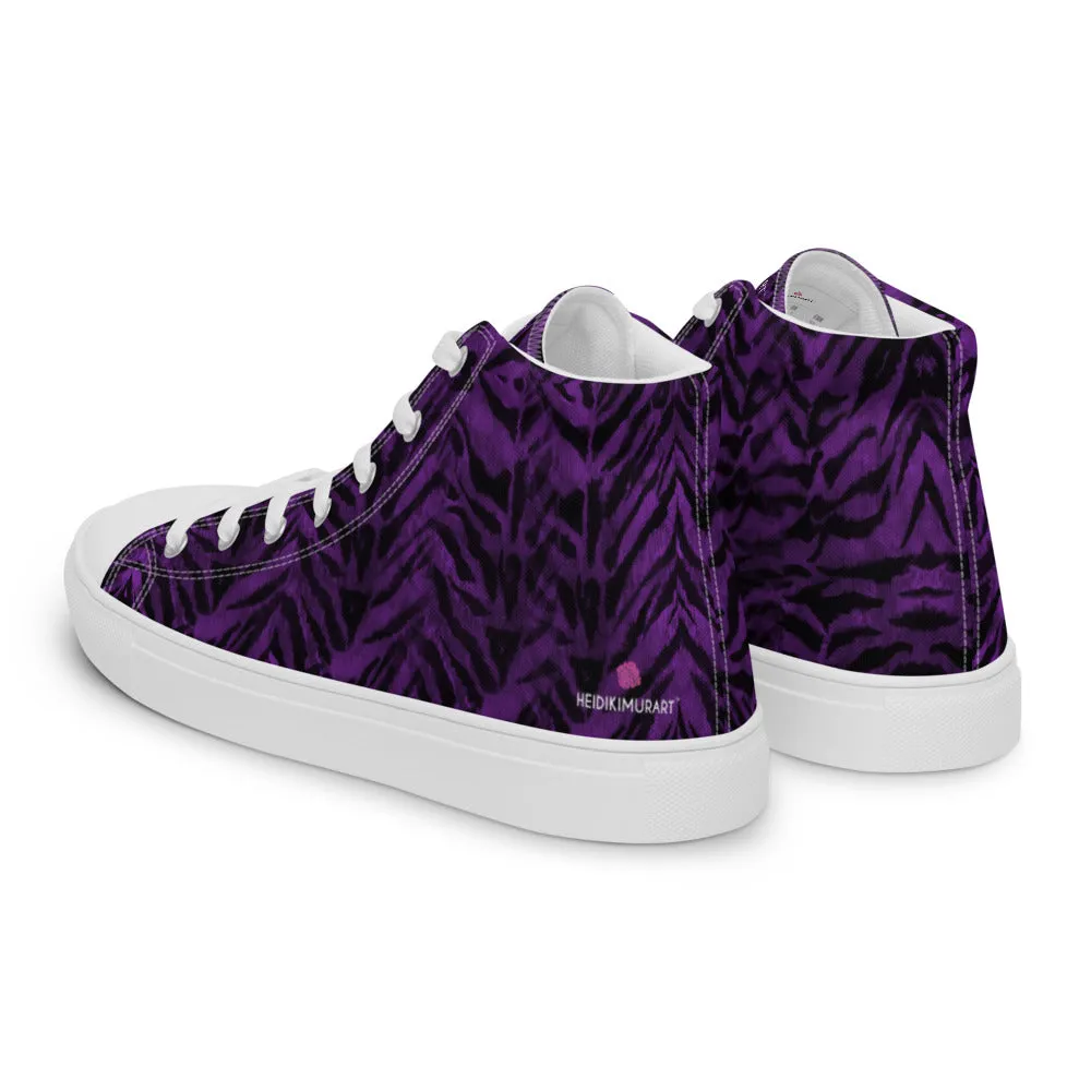 Purple Tiger Striped Men's Sneakers, Tiger Faux Skin Striped Animal Print Designer High Tops For Men