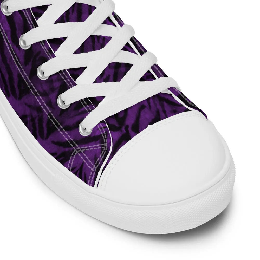 Purple Tiger Striped Men's Sneakers, Tiger Faux Skin Striped Animal Print Designer High Tops For Men