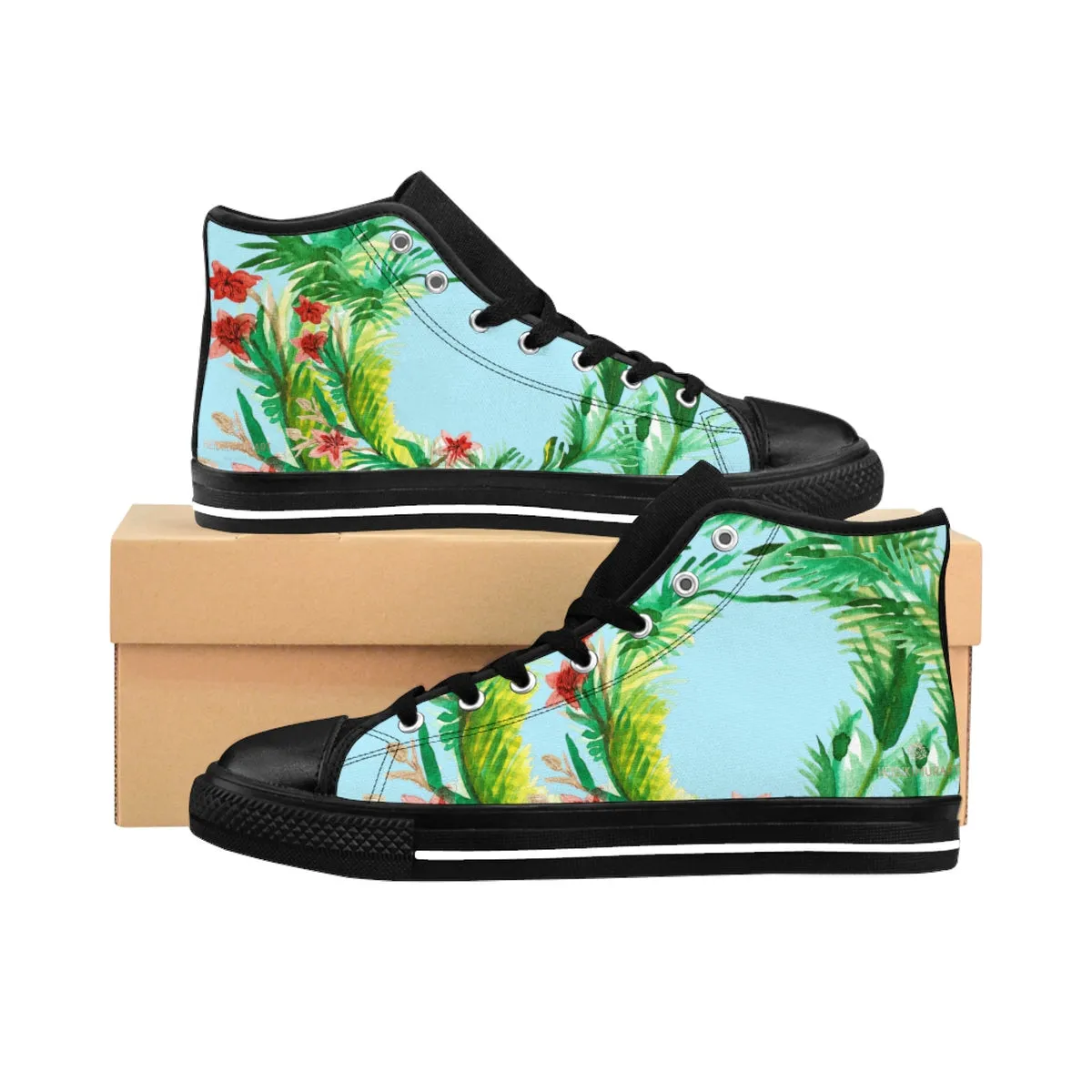 Red Floral Men's High Tops, Light Blue Red Floral Print High-top Sneakers Running Tennis Shoes