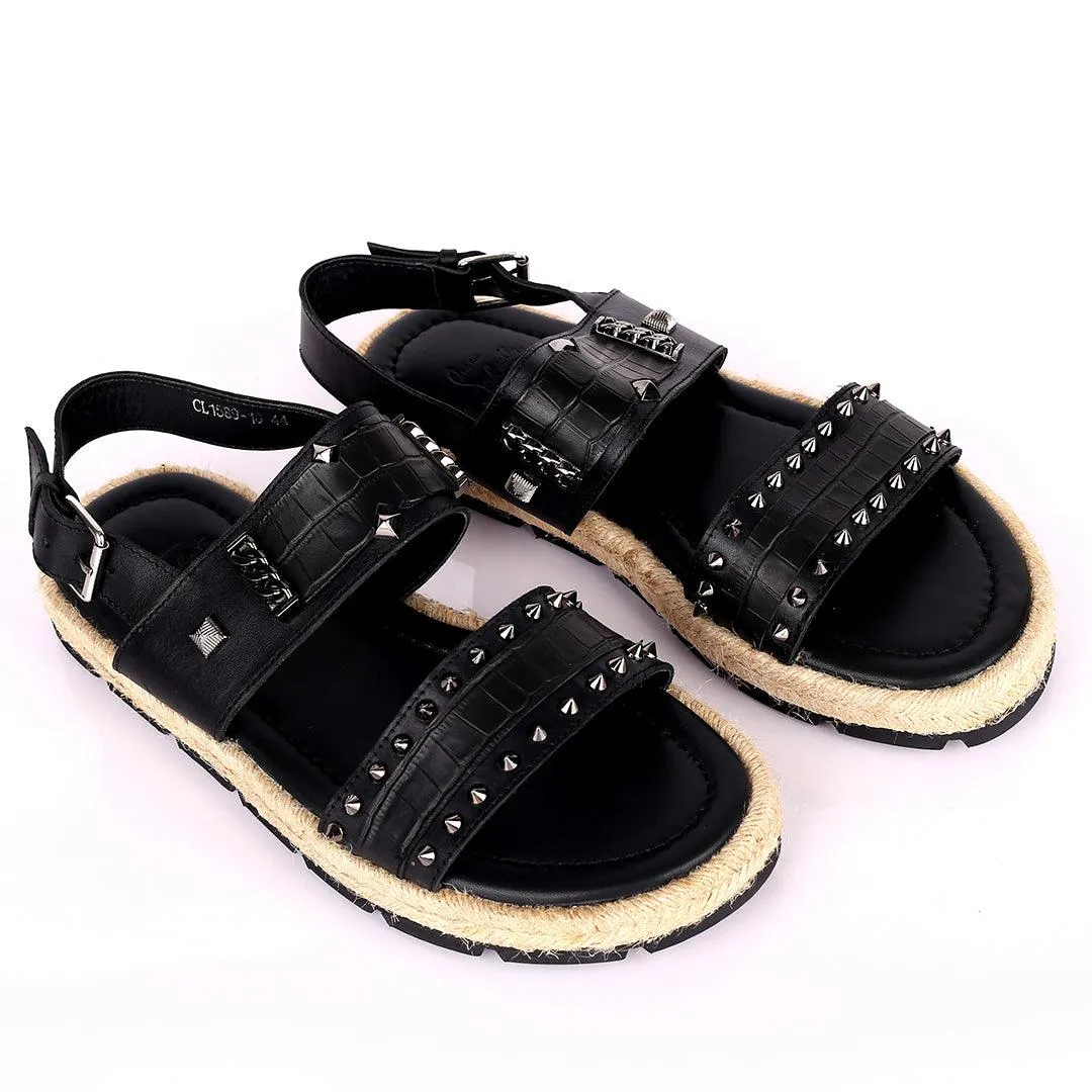 Salv Spike And Cow Hide Designed Original Leather Sandal - Black