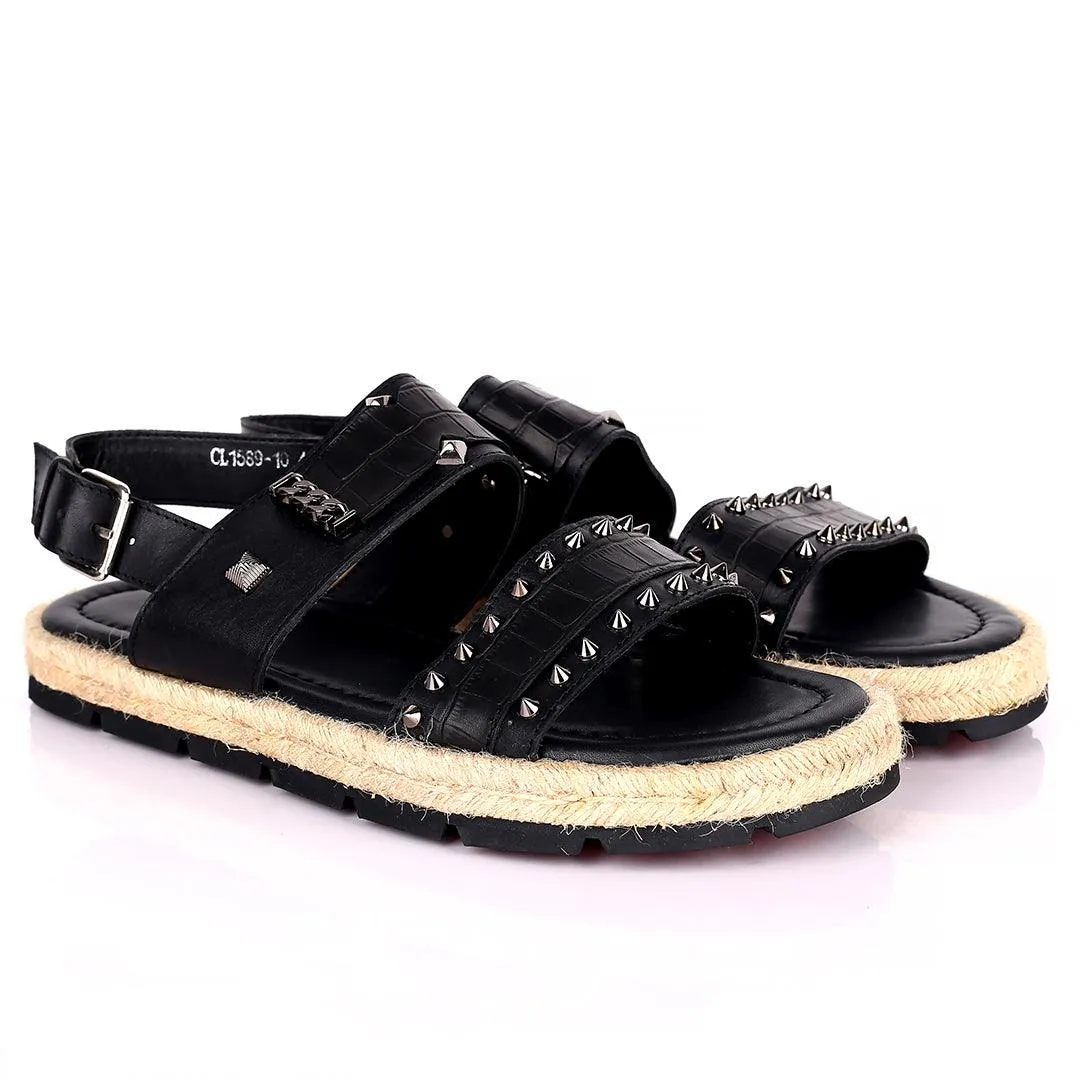 Salv Spike And Cow Hide Designed Original Leather Sandal - Black