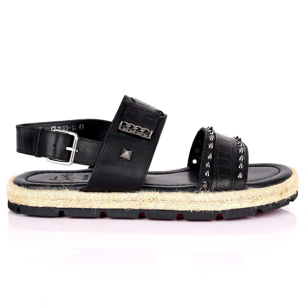 Salv Spike And Cow Hide Designed Original Leather Sandal - Black