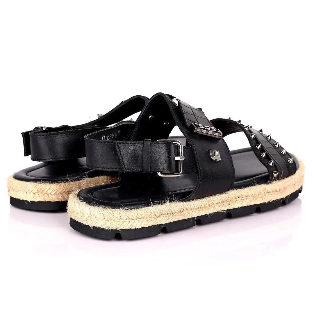 Salv Spike And Cow Hide Designed Original Leather Sandal - Black