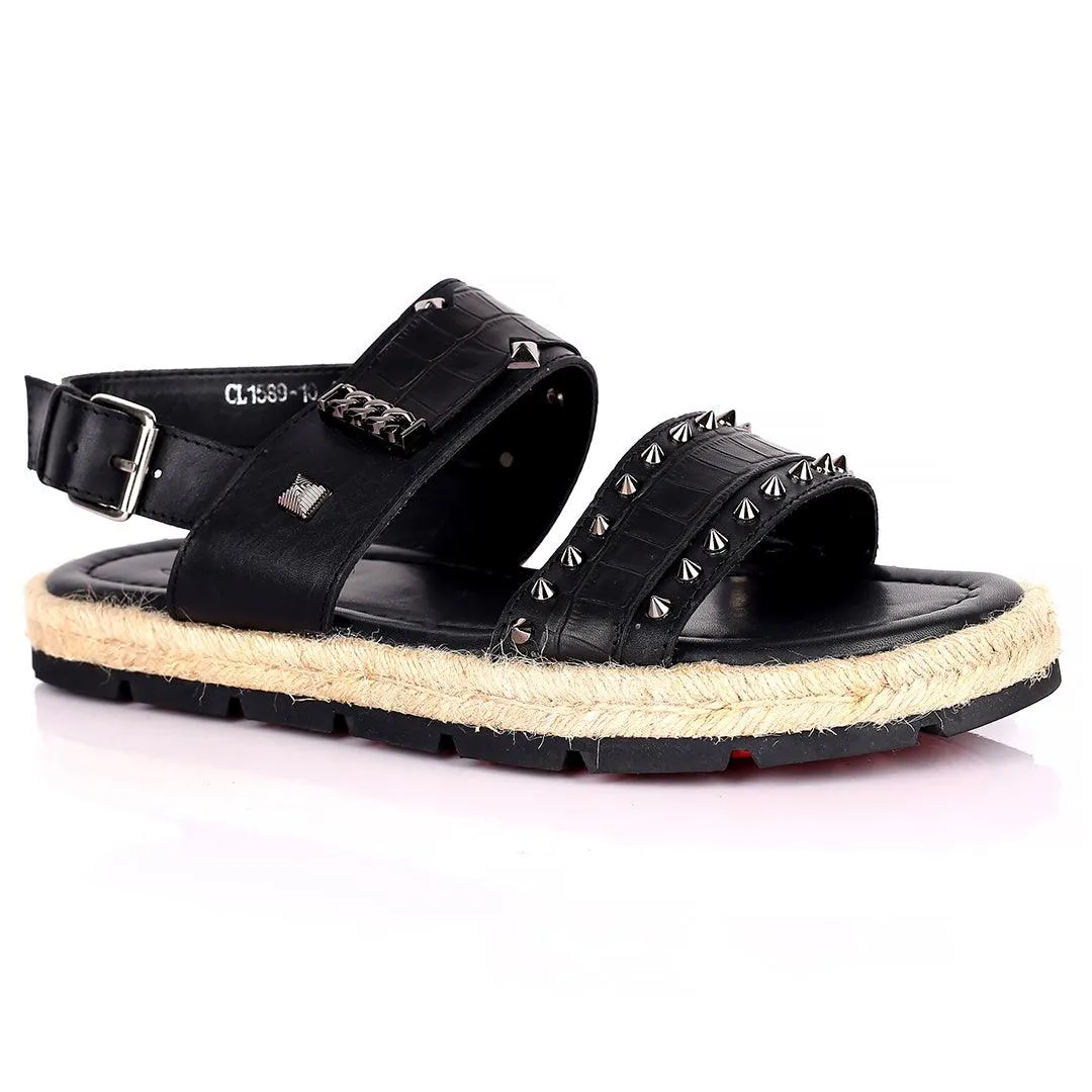 Salv Spike And Cow Hide Designed Original Leather Sandal - Black