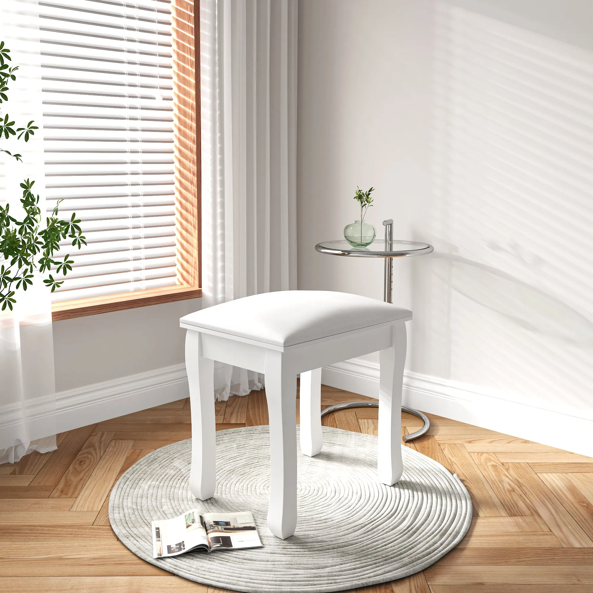 White Vanity Stool Padded Makeup Chair Bench with Solid Wood Legs