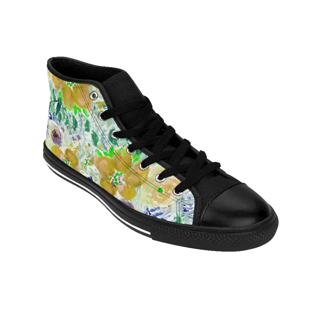 Yellow Floral Women's Sneakers, Flower Print Designer High-top Sneakers Tennis Shoes (US Size: 6-12)